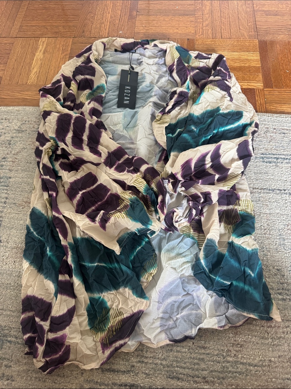 Kozan Women's Patterned Crinkle Blouse - Teal, Purple & Cream